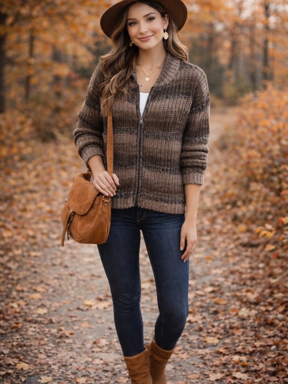 Striped Brown Zip-Front Women’s Sweater Jacket